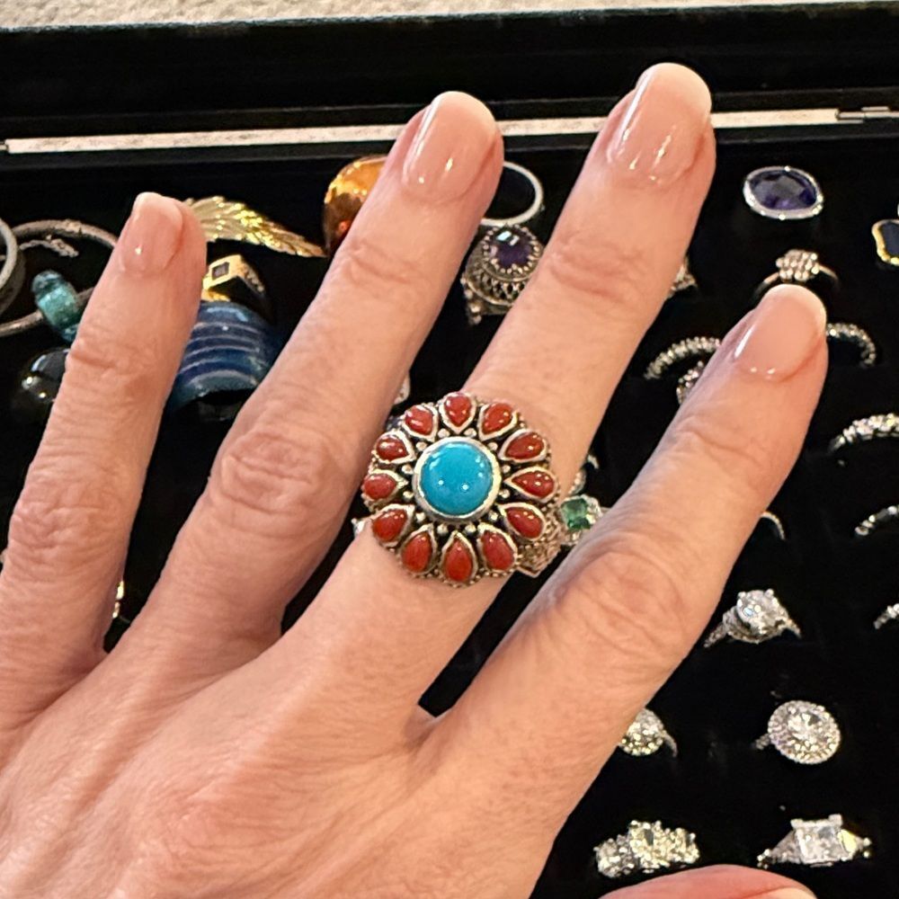 CAROLYN POLLACK AMERICAN WEST SOUTHWEST STERLING TURQUOISE & CORAL RING SZ7 LNC